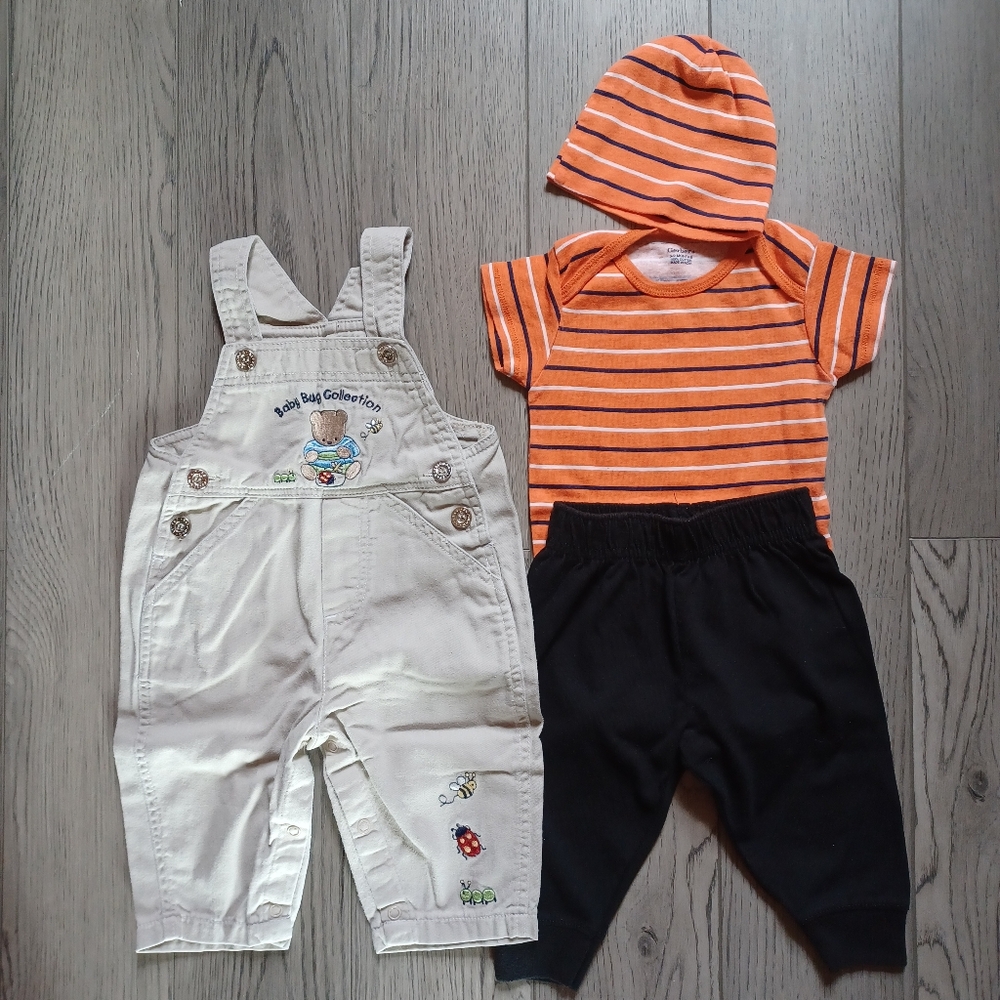 Little Wonders Overalls, Orange Gerber Short Sleeve Onsie, Hat, And Black Pants